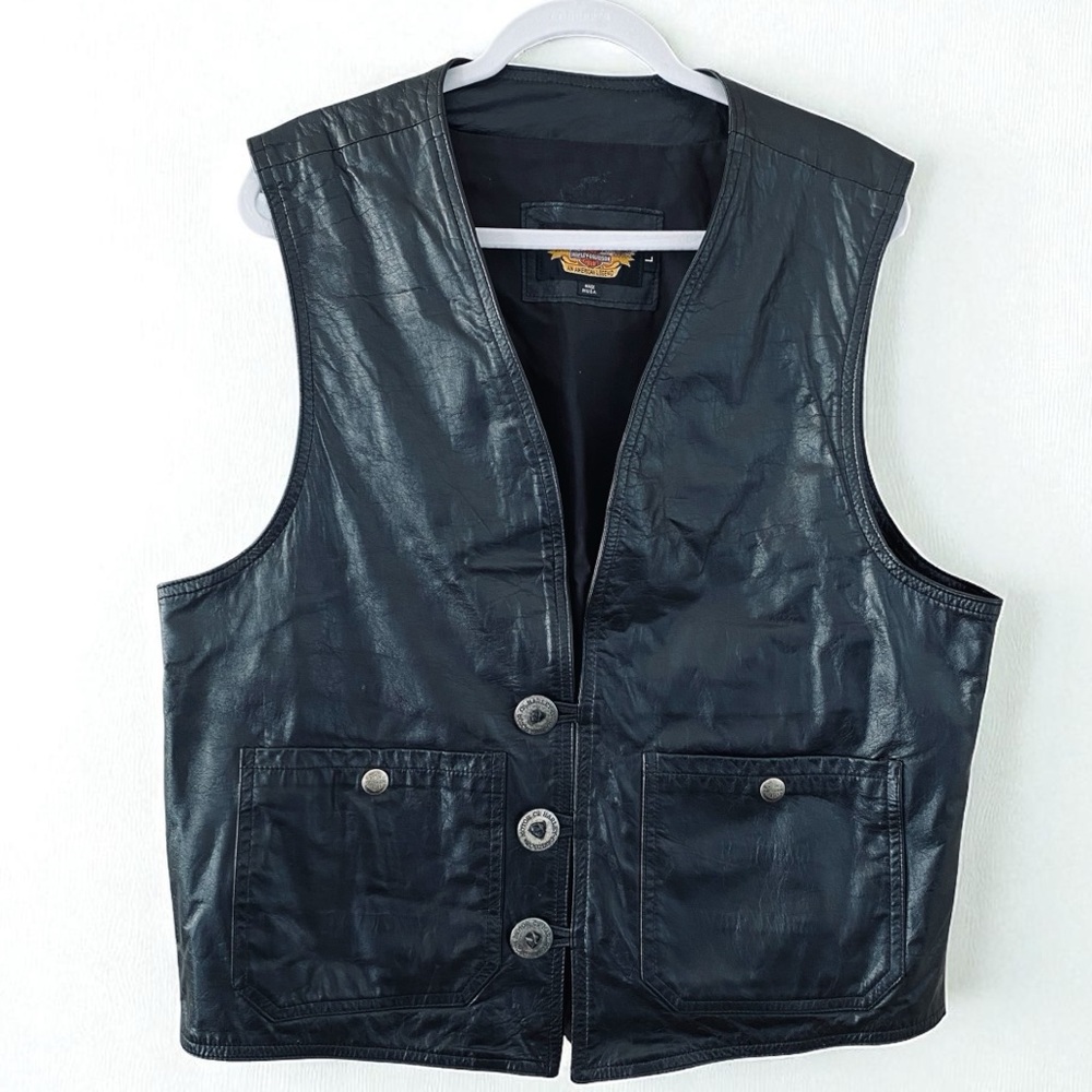 Harley Davidson Men’s Y2K Black Genuine Leather Silver Button Down Vest Large